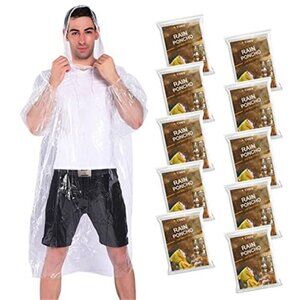 Clear Disposable Rain Poncho 10 Pack Waterproof Hooded Emergency